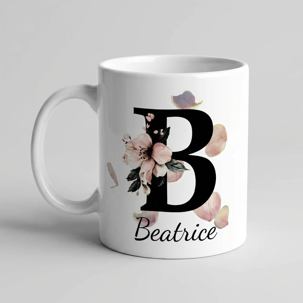 Petal Monogram Tasse – Buchstabe B (Weiß) — Henkel links