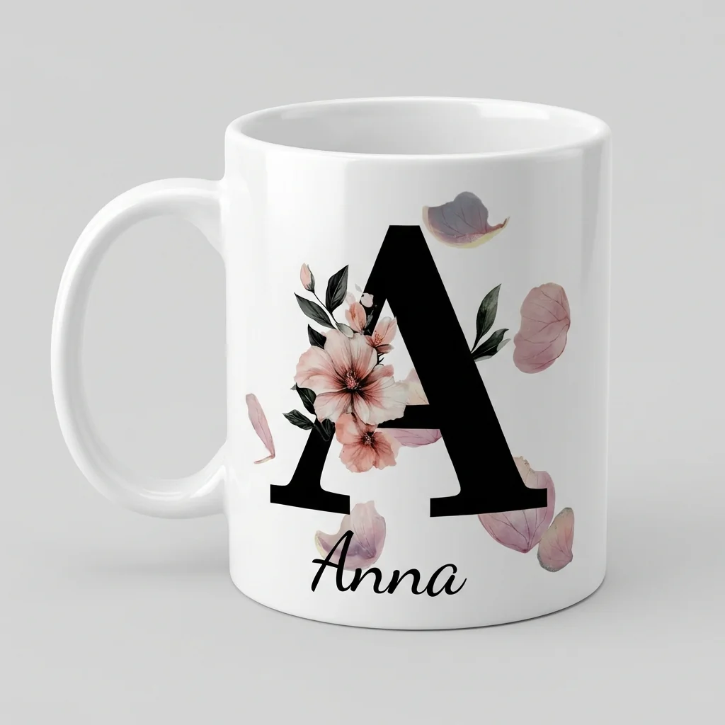 Petal Monogram Tasse – Buchstabe A (Weiß 300 ml) — Tasse 330 ml