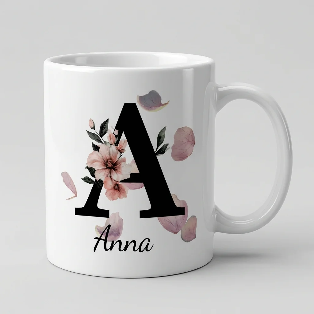 Petal Monogram Tasse – Buchstabe A (Weiß 300 ml) — Henkel links