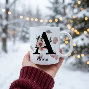 Petal Monogram Tasse – Buchstabe A (Weiß 300 ml) — Henkel rechts