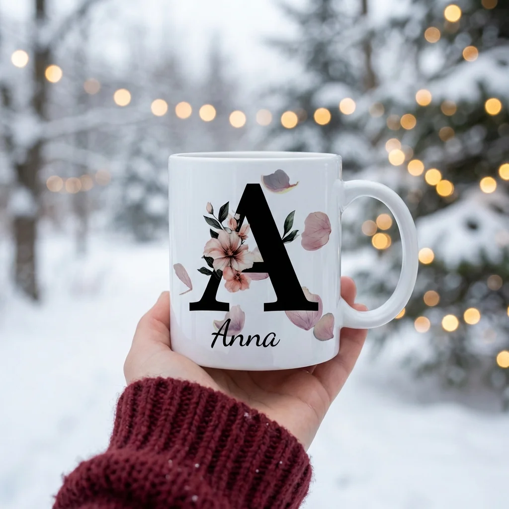 Petal Monogram Tasse – Buchstabe A (Weiß 300 ml) — Henkel rechts