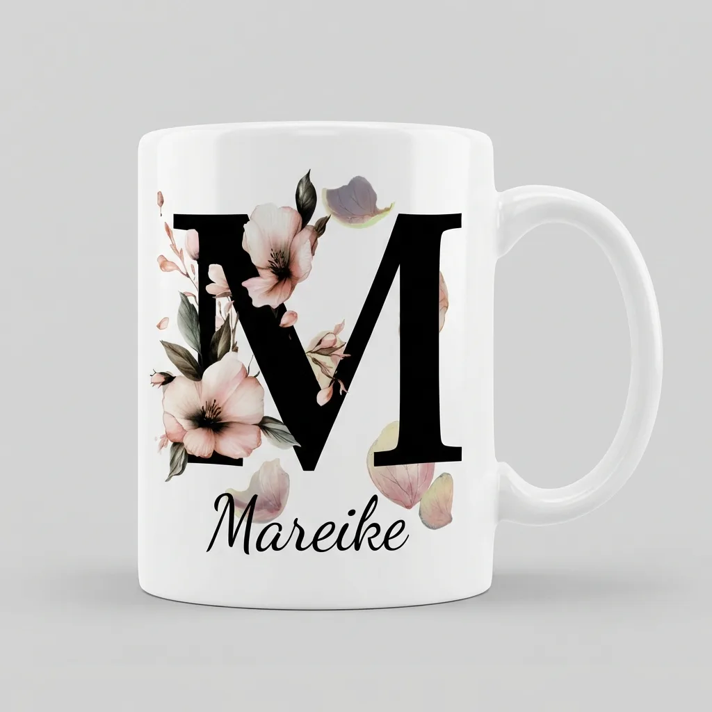 Personalisierte Namenstasse – Buchstabe M — Henkel links