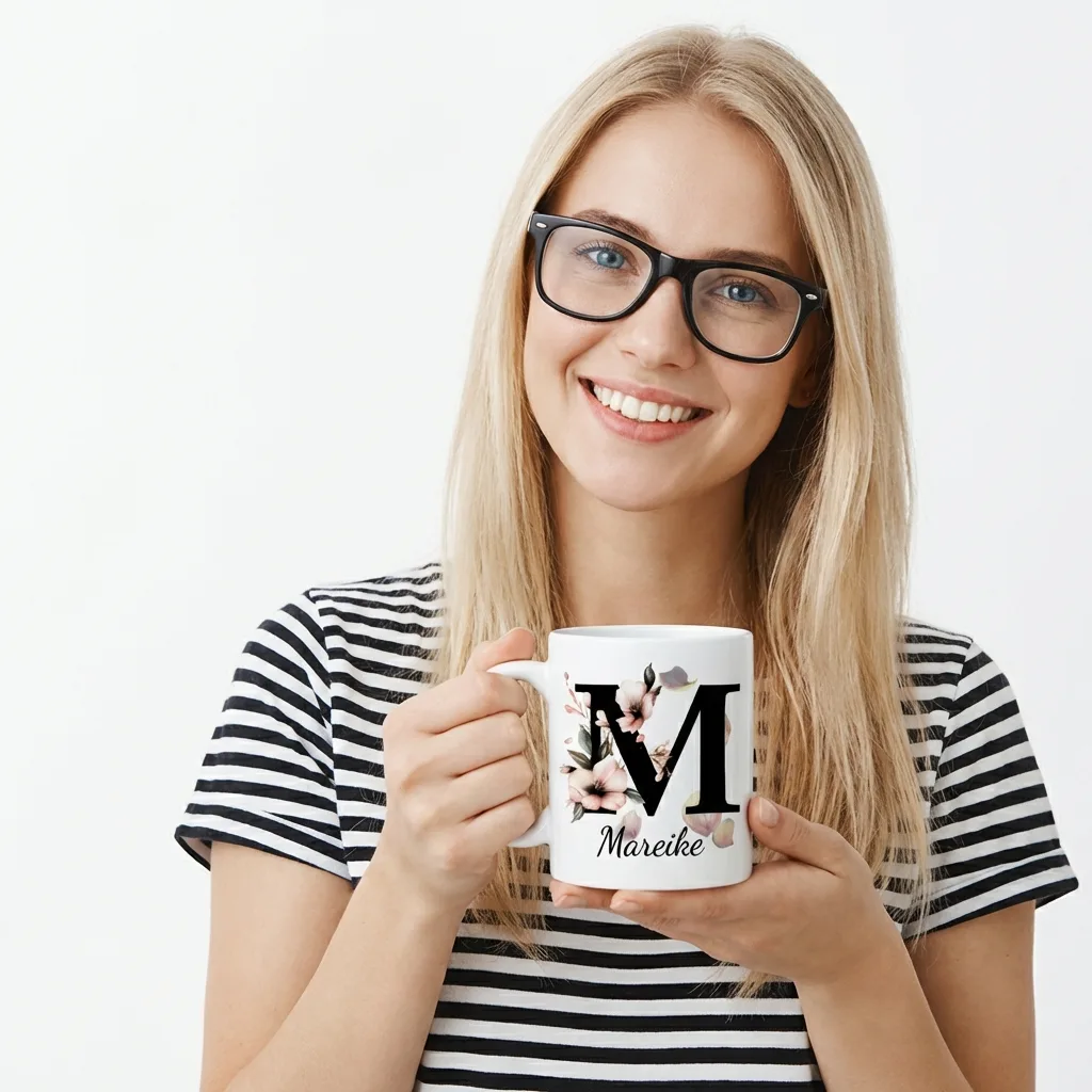 Personalisierte Namenstasse – Buchstabe M — Henkel rechts