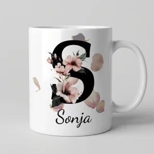 Petal Monogram Tasse – Buchstabe S (Weiß 300 ml) — Henkel rechts