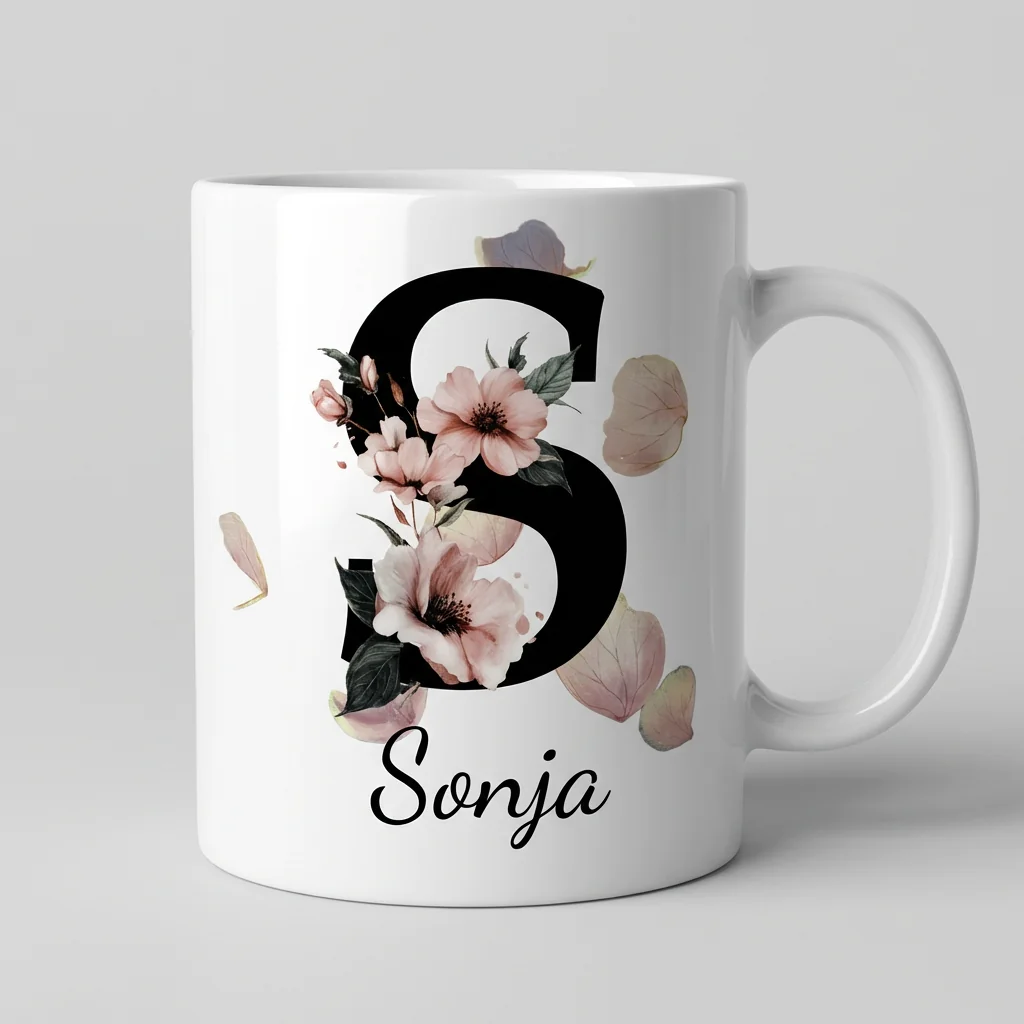 Petal Monogram Tasse – Buchstabe S (Weiß 300 ml) — Henkel rechts