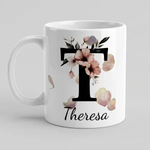 Petal Monogram Tasse – Buchstabe T (Weiß 300 ml) — Tasse 330 ml