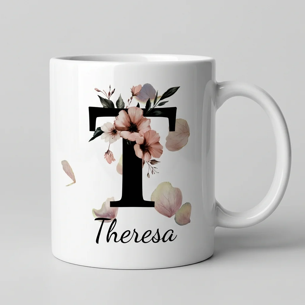 Petal Monogram Tasse – Buchstabe T (Weiß 300 ml) — Henkel links