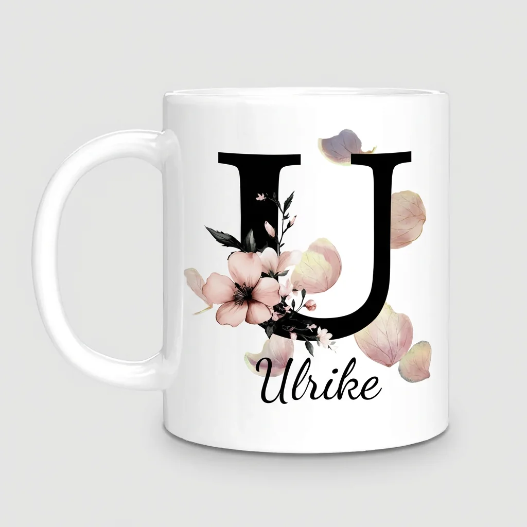 Petal Monogram Tasse – Buchstabe U (Weiß 300 ml) — Tasse 330 ml