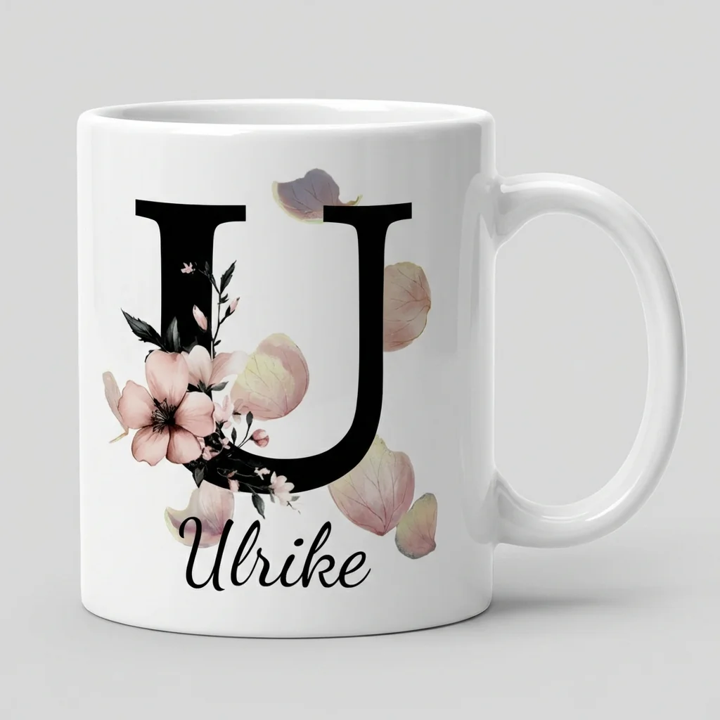 Petal Monogram Tasse – Buchstabe U (Weiß 300 ml) — Henkel links