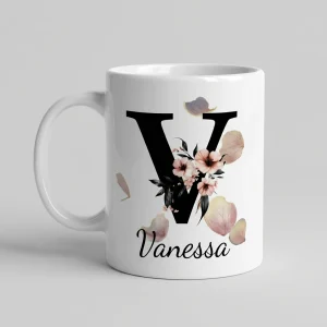 Petal Monogram Tasse – Buchstabe V (Weiß 300 ml) — Tasse 330 ml