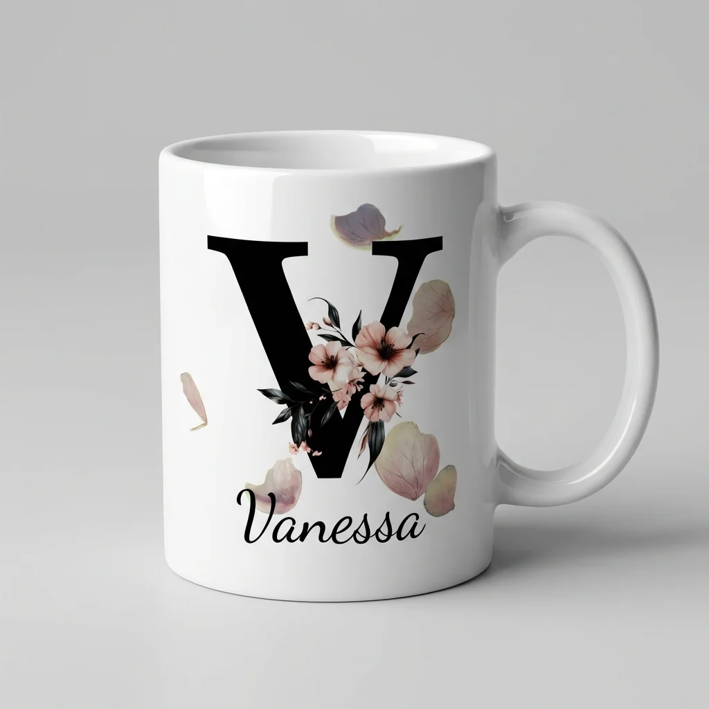 Petal Monogram Tasse – Buchstabe V (Weiß 300 ml) — Henkel links