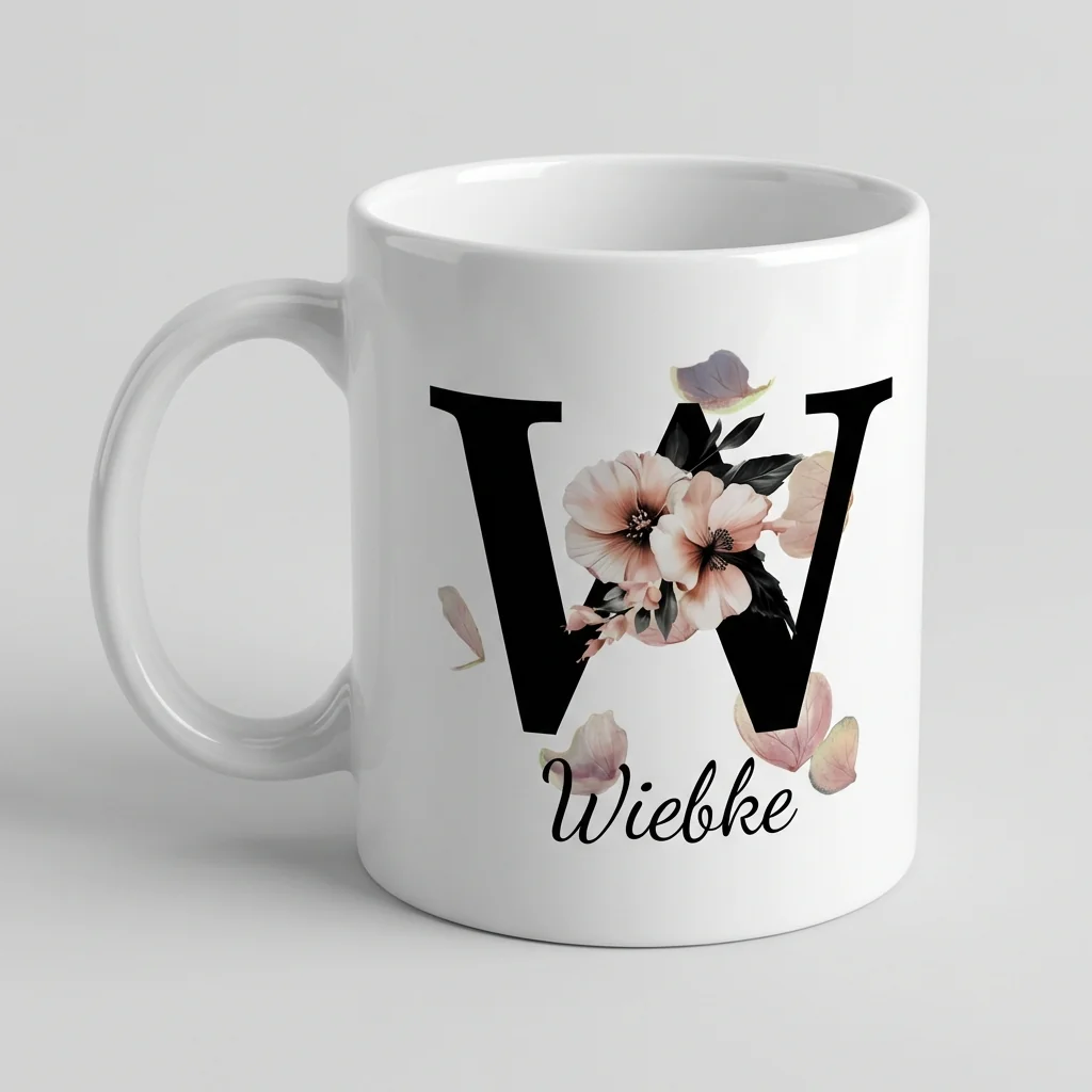 Petal Monogram Tasse – Buchstabe W (Weiß 300 ml) — Tasse 330 ml