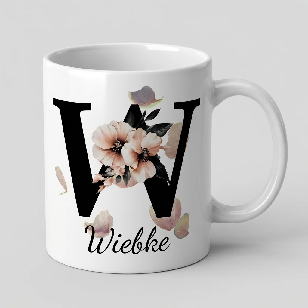 Petal Monogram Tasse – Buchstabe W (Weiß 300 ml) — Henkel links