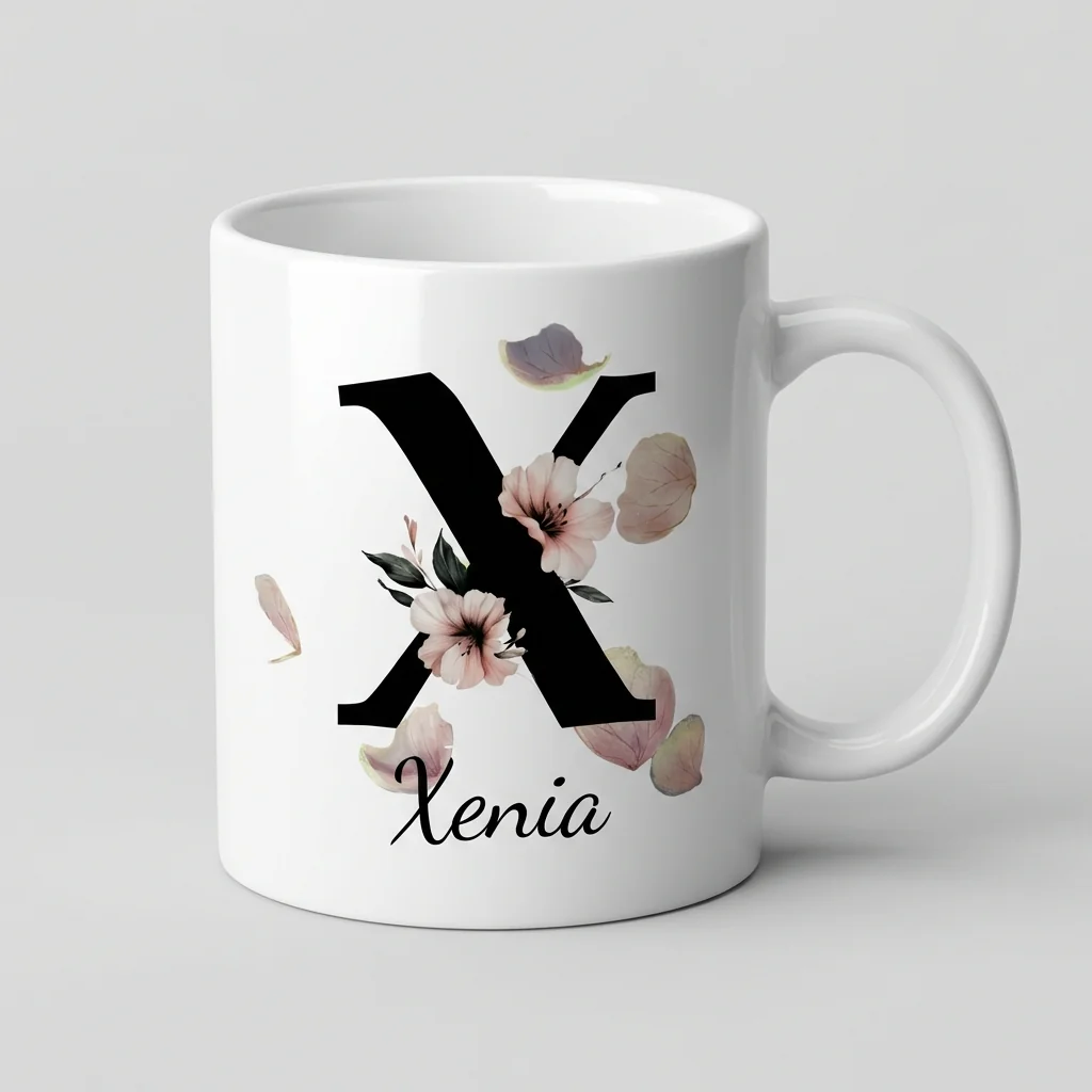 Petal Monogram Tasse – Buchstabe X (Weiß 300 ml) — Henkel links