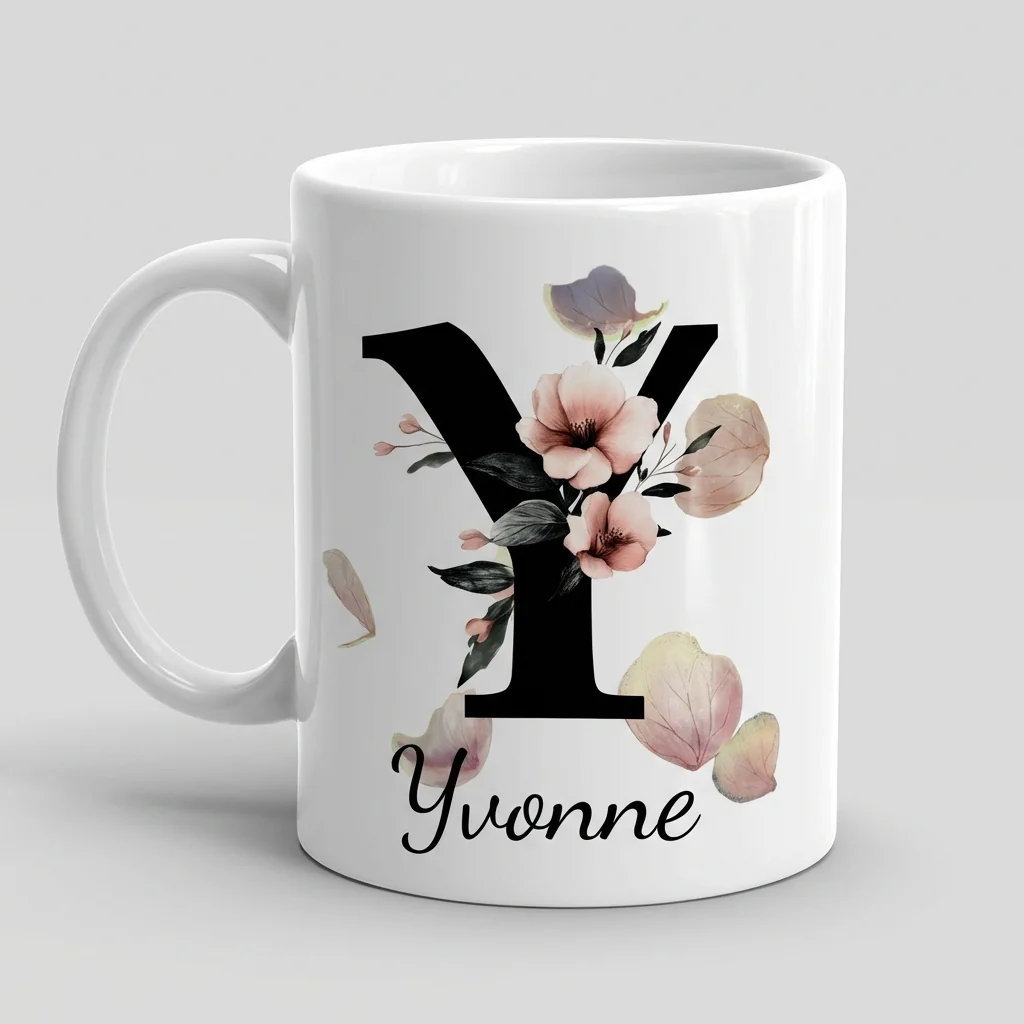 Petal Monogram Tasse – Buchstabe Y (Weiß 300 ml) — Tasse 330 ml
