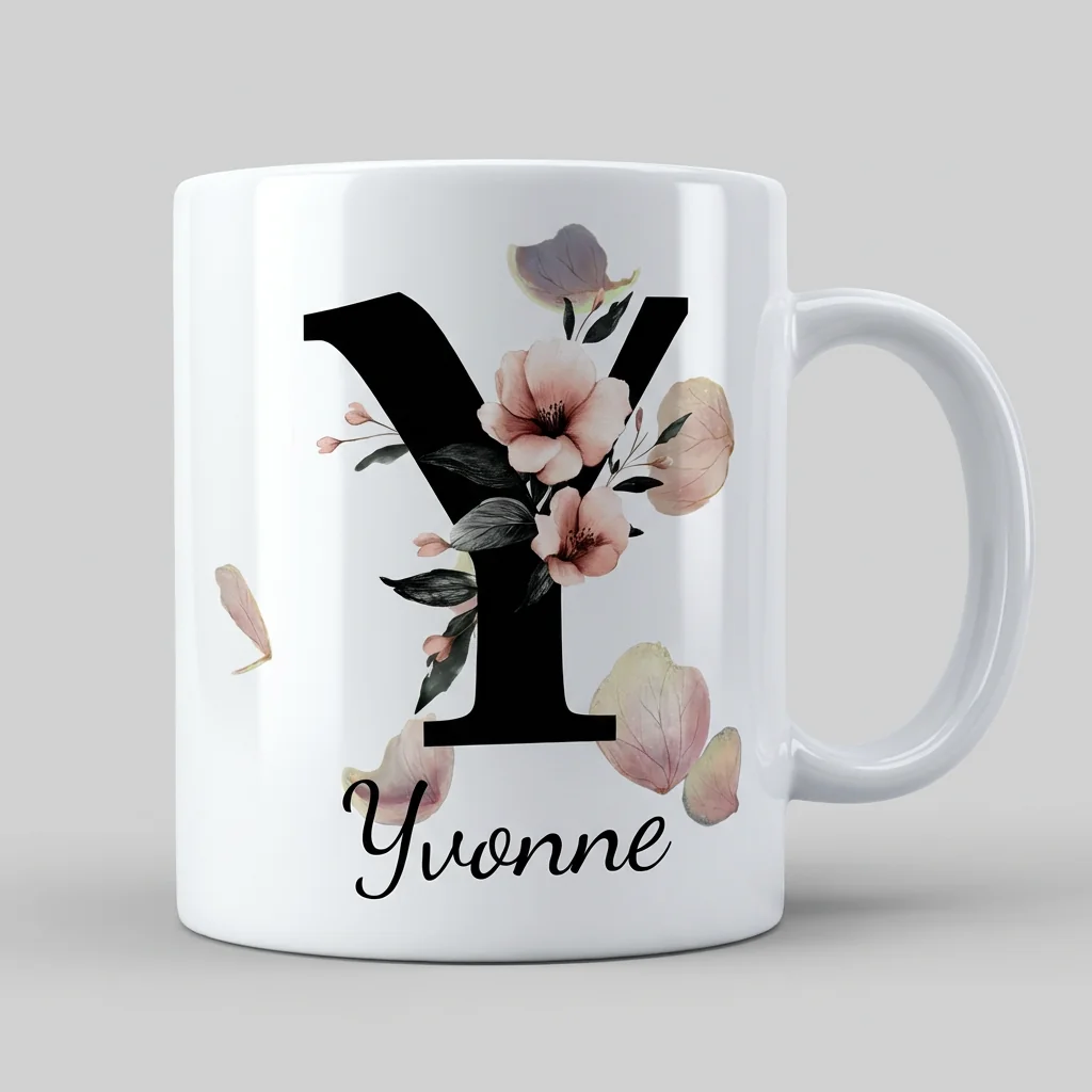 Petal Monogram Tasse – Buchstabe Y (Weiß 300 ml) — Henkel links