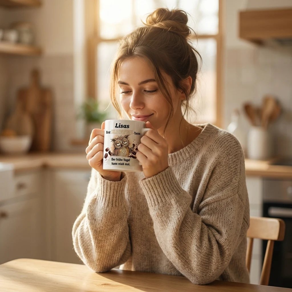 Tierische Tasse – Eule Café — Henkel rechts