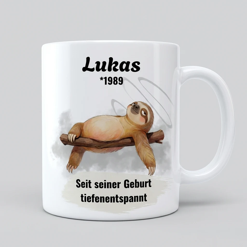 Tierische Tasse – Faultier Tiefenentspannt — Henkel links