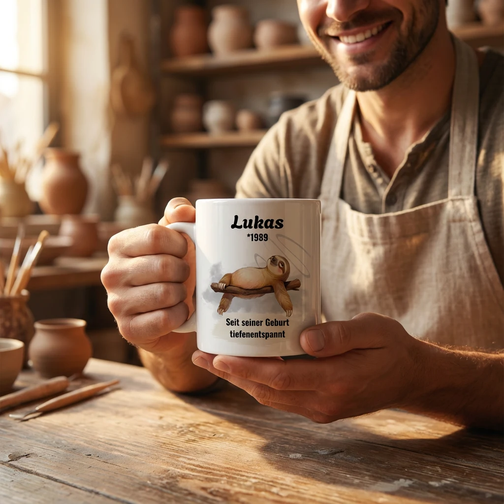 Tierische Tasse – Faultier Tiefenentspannt — Henkel rechts