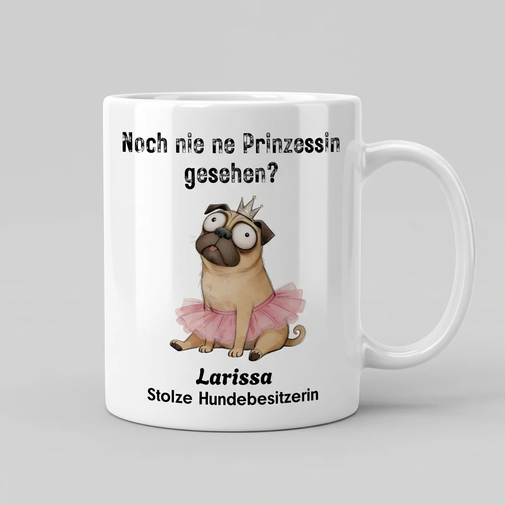 Tierische Tasse – Glubschi Mops — Henkel links