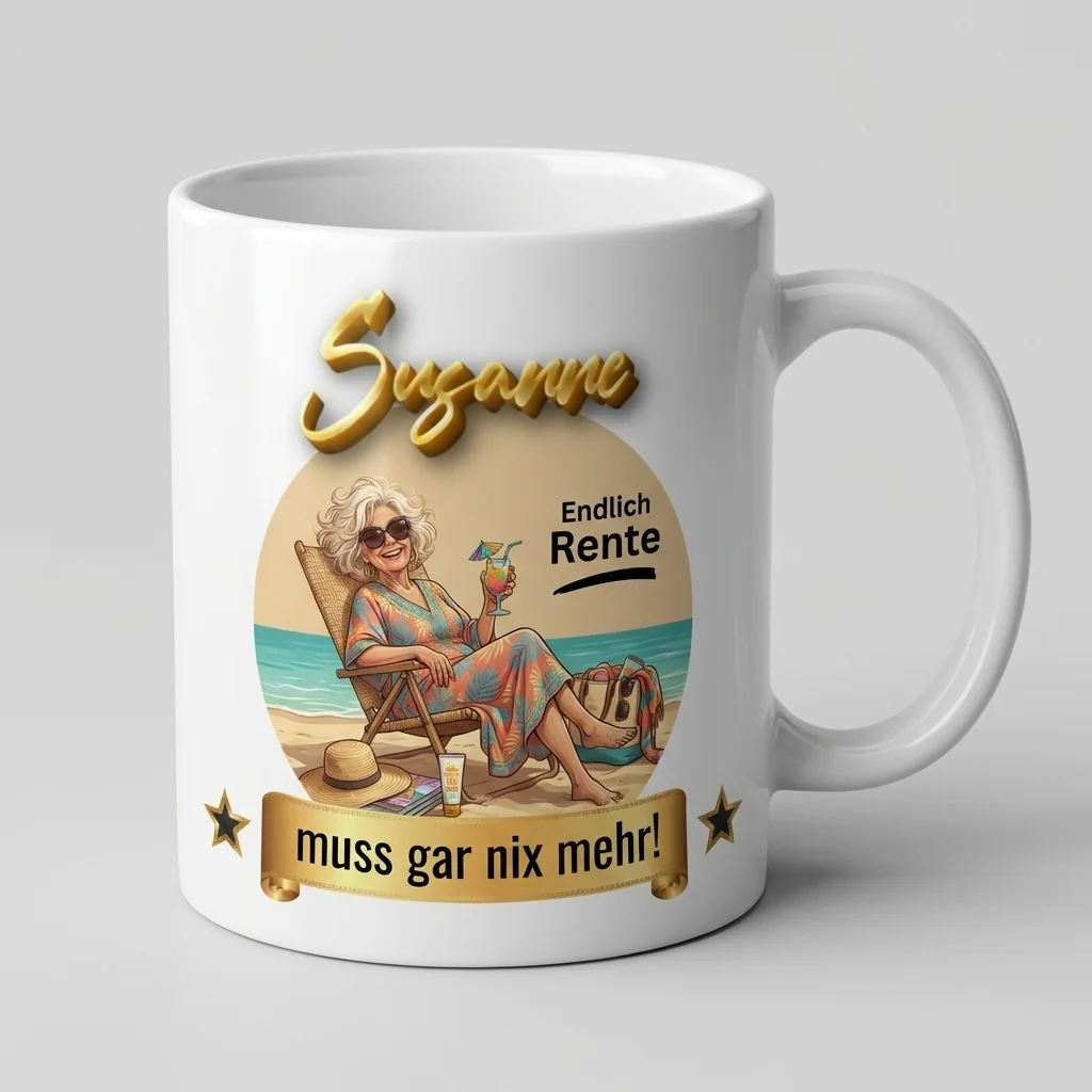 Ruhestand Tasse – Endlich Rente, muss gar nix mehr! (Strand) — Henkel links