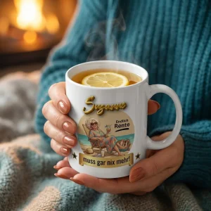 Ruhestand Tasse – Endlich Rente, muss gar nix mehr! (Strand) — Henkel rechts