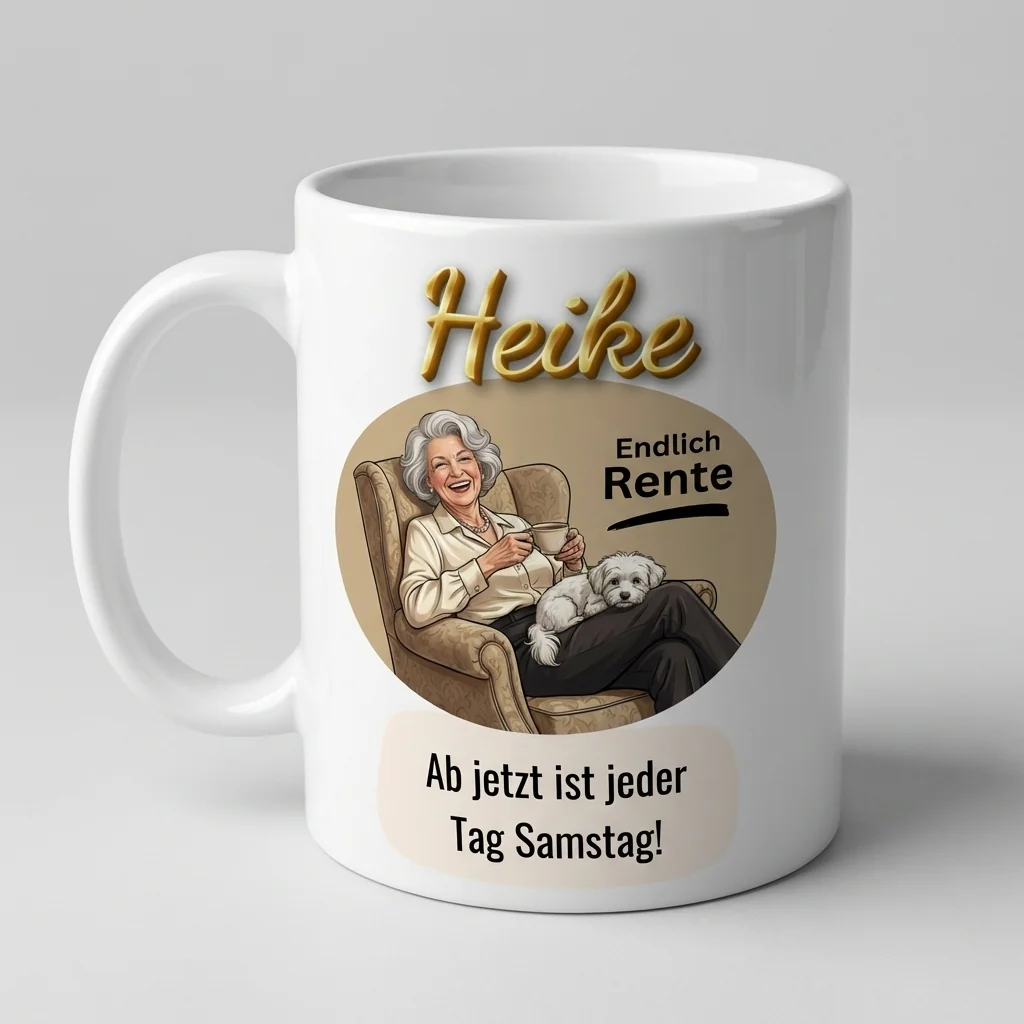 Ruhestand Tasse – Endlich Rente, jeder Tag Samstag! (Sessel & Hund) — Tasse 330 ml