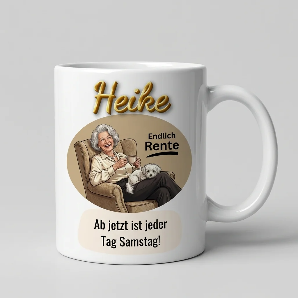 Ruhestand Tasse – Endlich Rente, jeder Tag Samstag! (Sessel & Hund) — Henkel links
