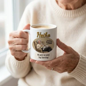 Ruhestand Tasse – Endlich Rente, jeder Tag Samstag! (Sessel & Hund) — Henkel rechts