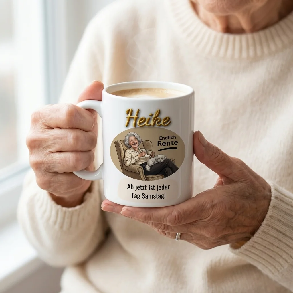 Ruhestand Tasse – Endlich Rente, jeder Tag Samstag! (Sessel & Hund) — Henkel rechts