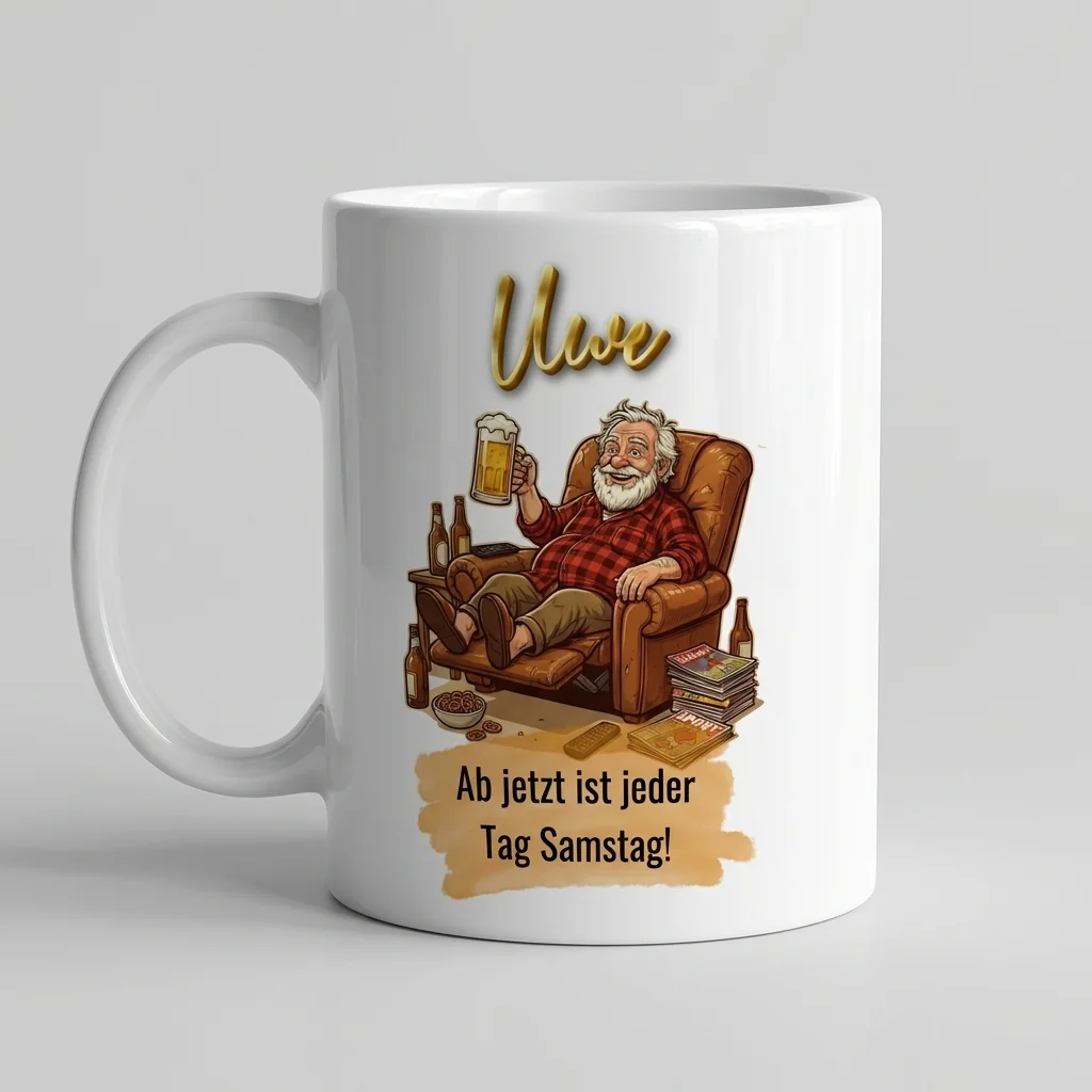 Ruhestand Tasse – Ab jetzt ist jeder Tag Samstag! (Sessel & Bier) — Tasse 330 ml