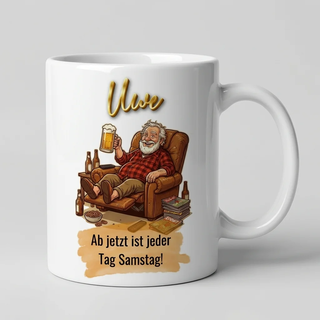 Ruhestand Tasse – Ab jetzt ist jeder Tag Samstag! (Sessel & Bier) — Henkel links