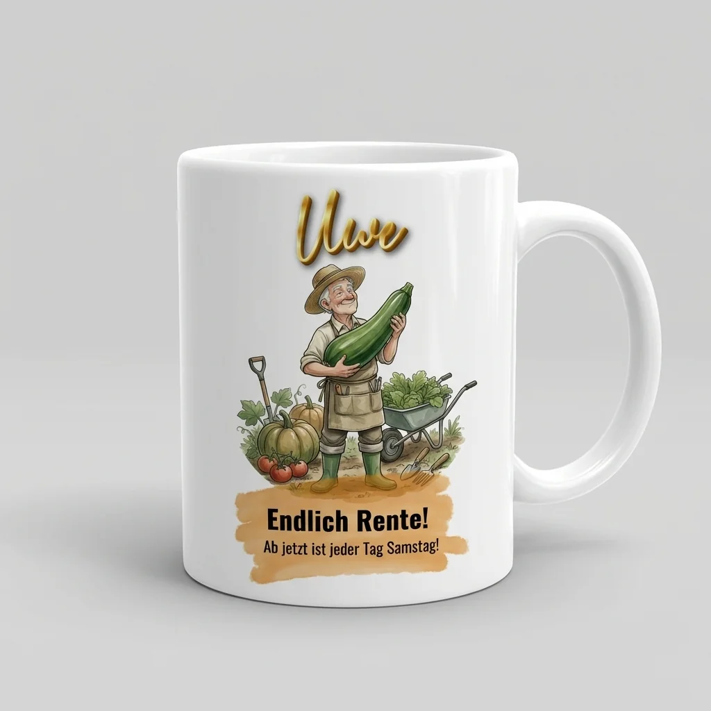Ruhestand Tasse – Endlich Rente! Jeder Tag Samstag (Garten) — Henkel links