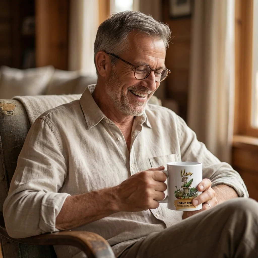 Ruhestand Tasse – Endlich Rente! Jeder Tag Samstag (Garten) — Henkel rechts