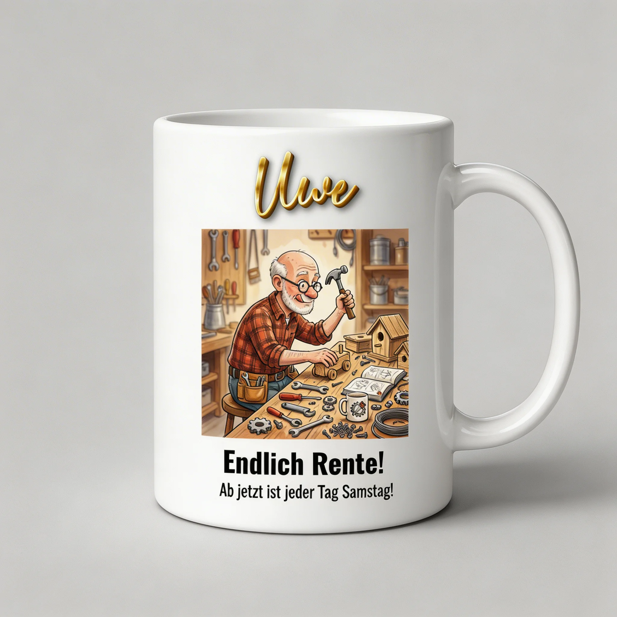 Ruhestand Tasse – Endlich Rente! Jeder Tag Samstag (Werkstatt) — Henkel links