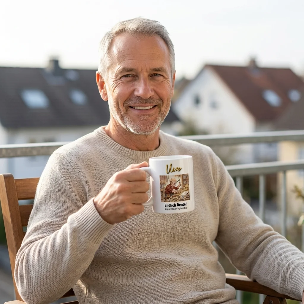 Ruhestand Tasse – Endlich Rente! Jeder Tag Samstag (Werkstatt) — Henkel rechts