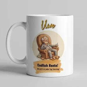 Ruhestand Tasse – Endlich Rente! Jeder Tag Samstag (Sessel & Hund) — Tasse 330 ml