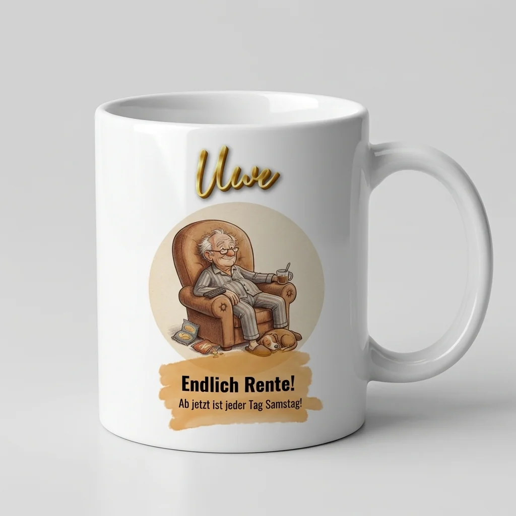 Ruhestand Tasse – Endlich Rente! Jeder Tag Samstag (Sessel & Hund) — Henkel links