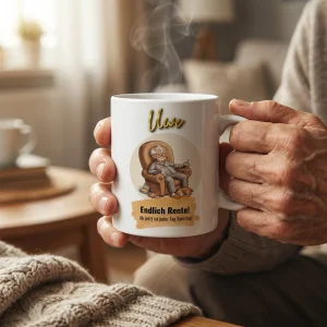 Ruhestand Tasse – Endlich Rente! Jeder Tag Samstag (Sessel & Hund) — Henkel rechts