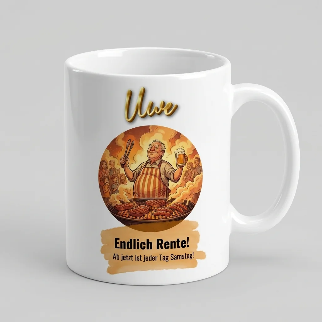 Ruhestand Tasse – Endlich Rente! Jeder Tag Samstag (Grillen) — Henkel links