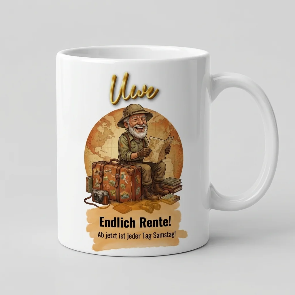 Ruhestand Tasse – Endlich Rente! Jeder Tag Samstag (Weltreise) — Henkel links