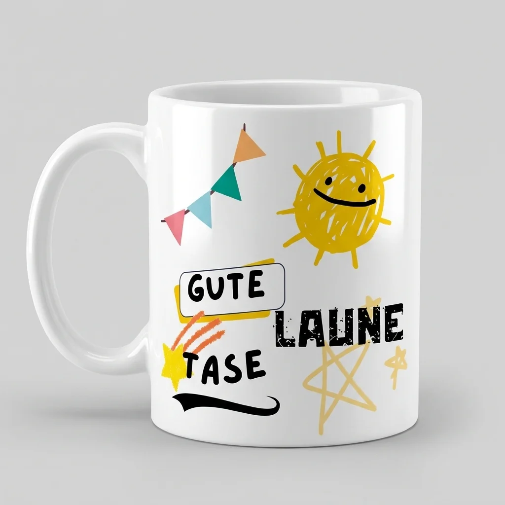 Gute-Laune-Tasse mit Sonne und Wimpelkette — Tasse weiss Henkel links 330 ml
