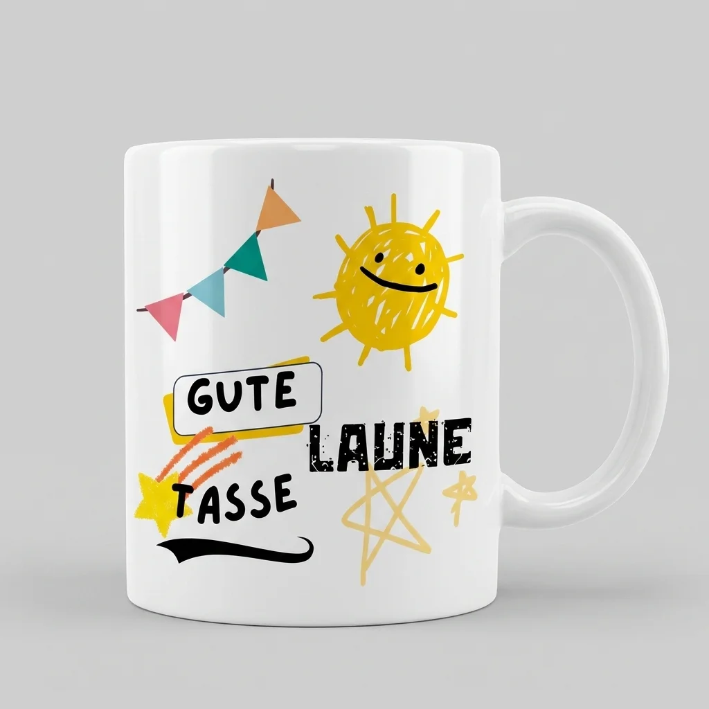 Gute-Laune-Tasse mit Sonne und Wimpelkette — Tasse weiss Henkel rechts 330 ml