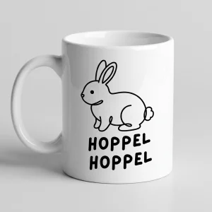 Hasen-Tasse «HOPPEL HOPPEL» Oneliner-Motiv — Tasse weiss Henkel links 330 ml