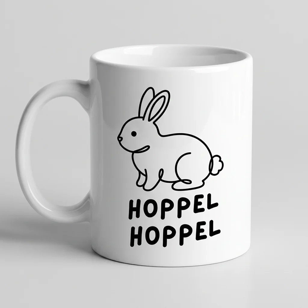 Hasen-Tasse «HOPPEL HOPPEL» Oneliner-Motiv — Tasse weiss Henkel links 330 ml