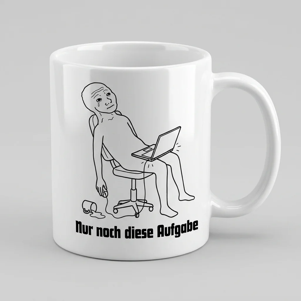 «Nur noch diese Aufgabe» Burn-Out Meme Tasse — Tasse weiss Henkel rechts 330 ml