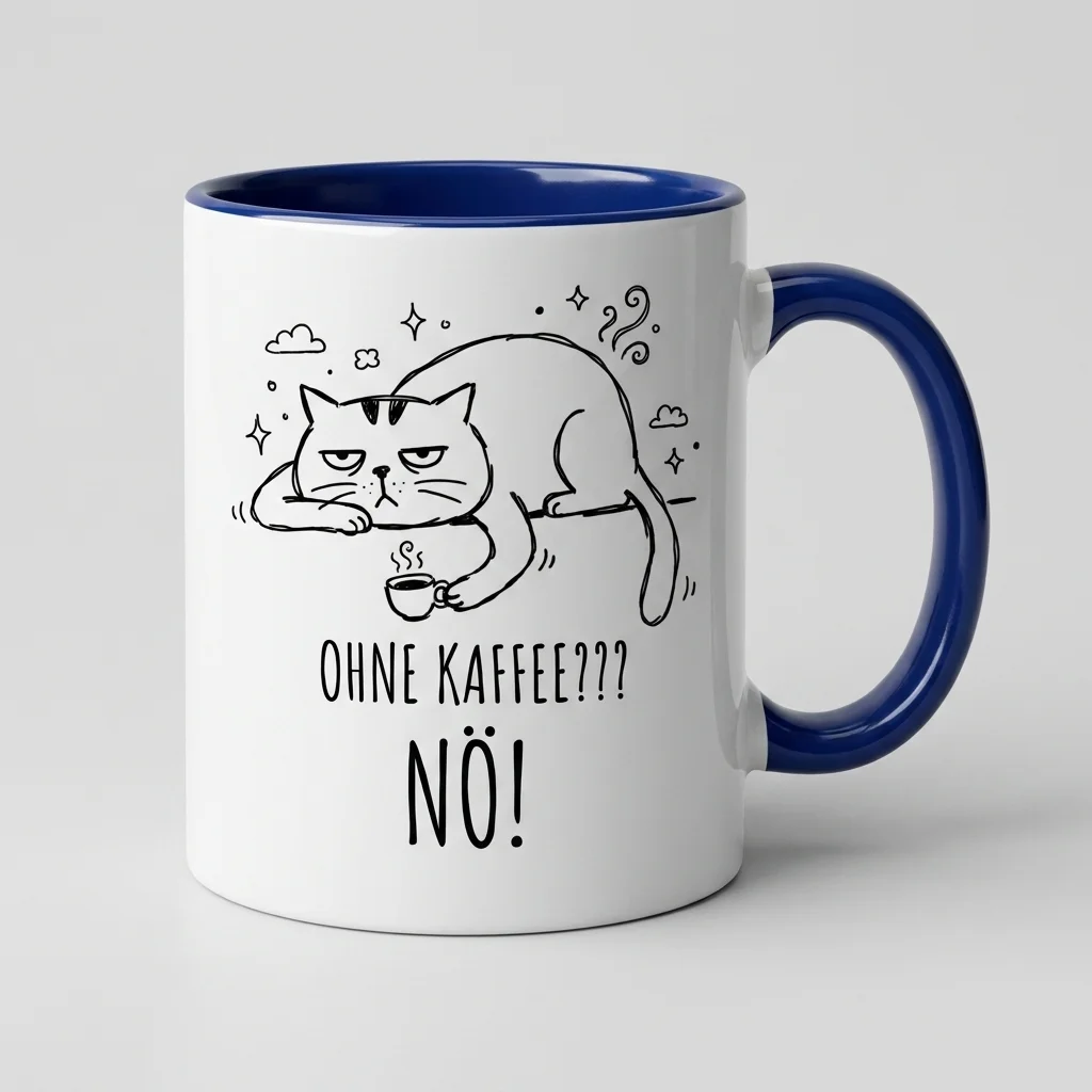 Katzen-Tasse «OHNE KAFFEE??? NÖ!» Grumpy-Cat-Motiv — Tasse blau 330 ml
