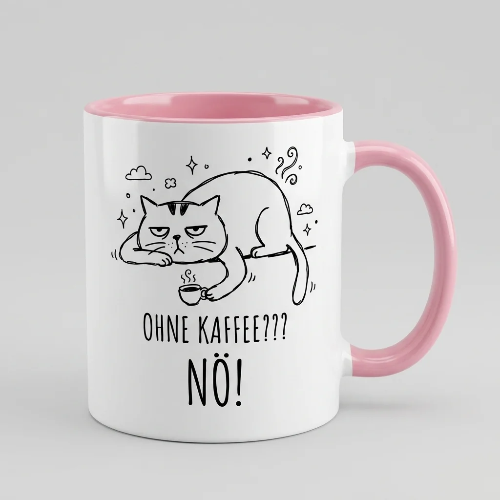 Katzen-Tasse «OHNE KAFFEE??? NÖ!» Grumpy-Cat-Motiv — Tasse rosa 330 ml