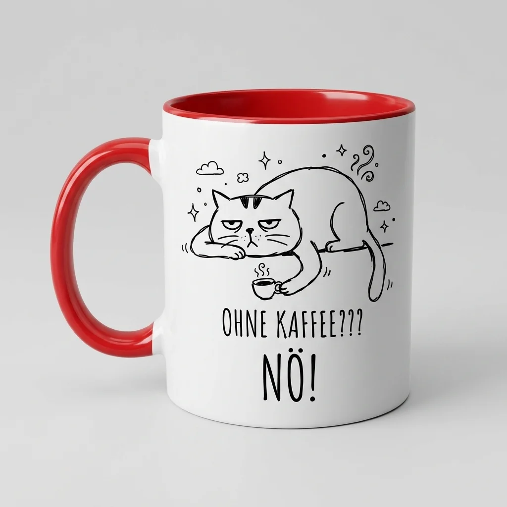 Katzen-Tasse «OHNE KAFFEE??? NÖ!» Grumpy-Cat-Motiv — Tasse rot 330 ml