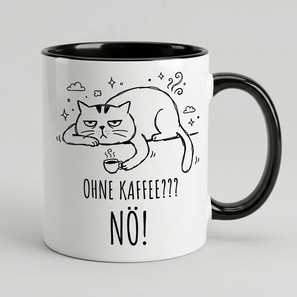 Katzen-Tasse «OHNE KAFFEE??? NÖ!» Grumpy-Cat-Motiv — Tasse schwarz 330 ml